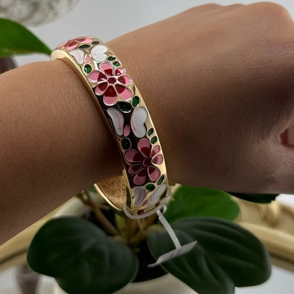 Hand Painted Floral Enamel Bangle with Gold Accents
